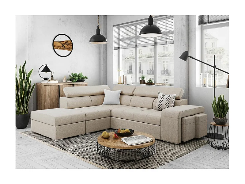 Canapé d'angle gauche 3 places Soan convertible en tissu - Beige - L262 x P220 x H76cm - Loungitude