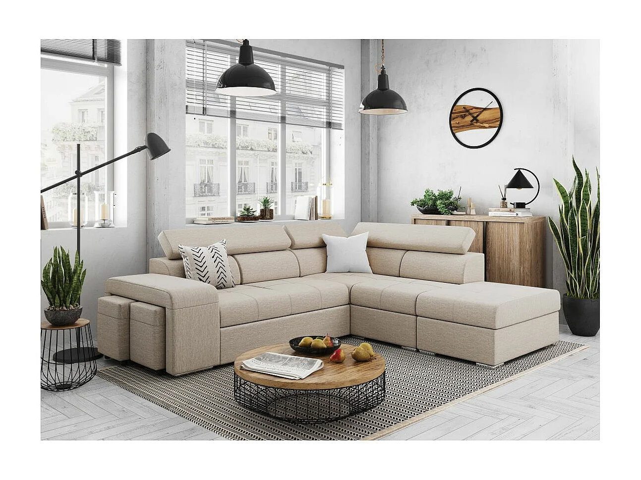 Canapé d'angle droit 3 places Soan convertible en tissu - Beige - L262 x P220 x H76cm - Loungitude