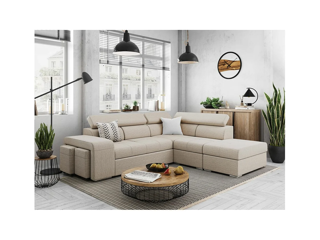 Canapé d'angle droit 3 places Soan convertible en tissu - Beige - L262 x P220 x H76cm - Loungitude