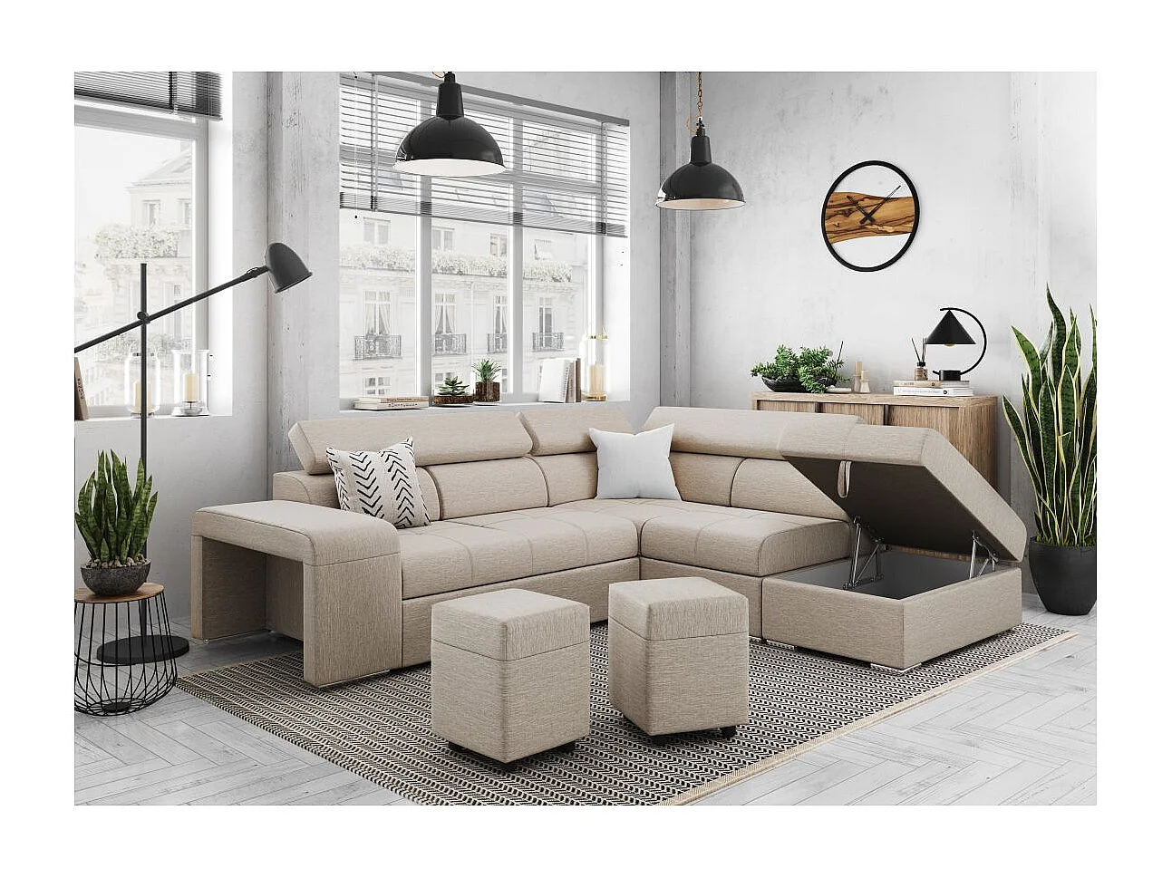 Canapé d'angle droit 3 places Soan convertible en tissu - Beige - L262 x P220 x H76cm - Loungitude