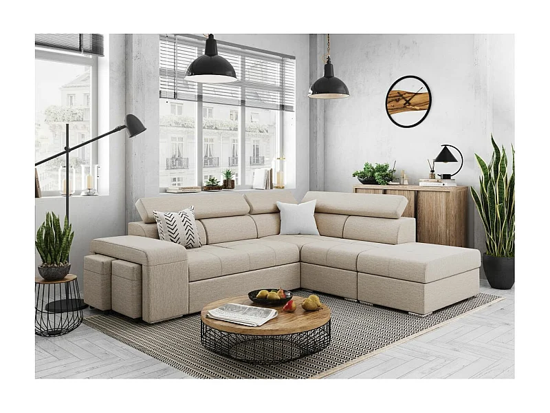 Canapé d'angle droit 3 places Soan convertible en tissu - Beige - L262 x P220 x H76cm - Loungitude