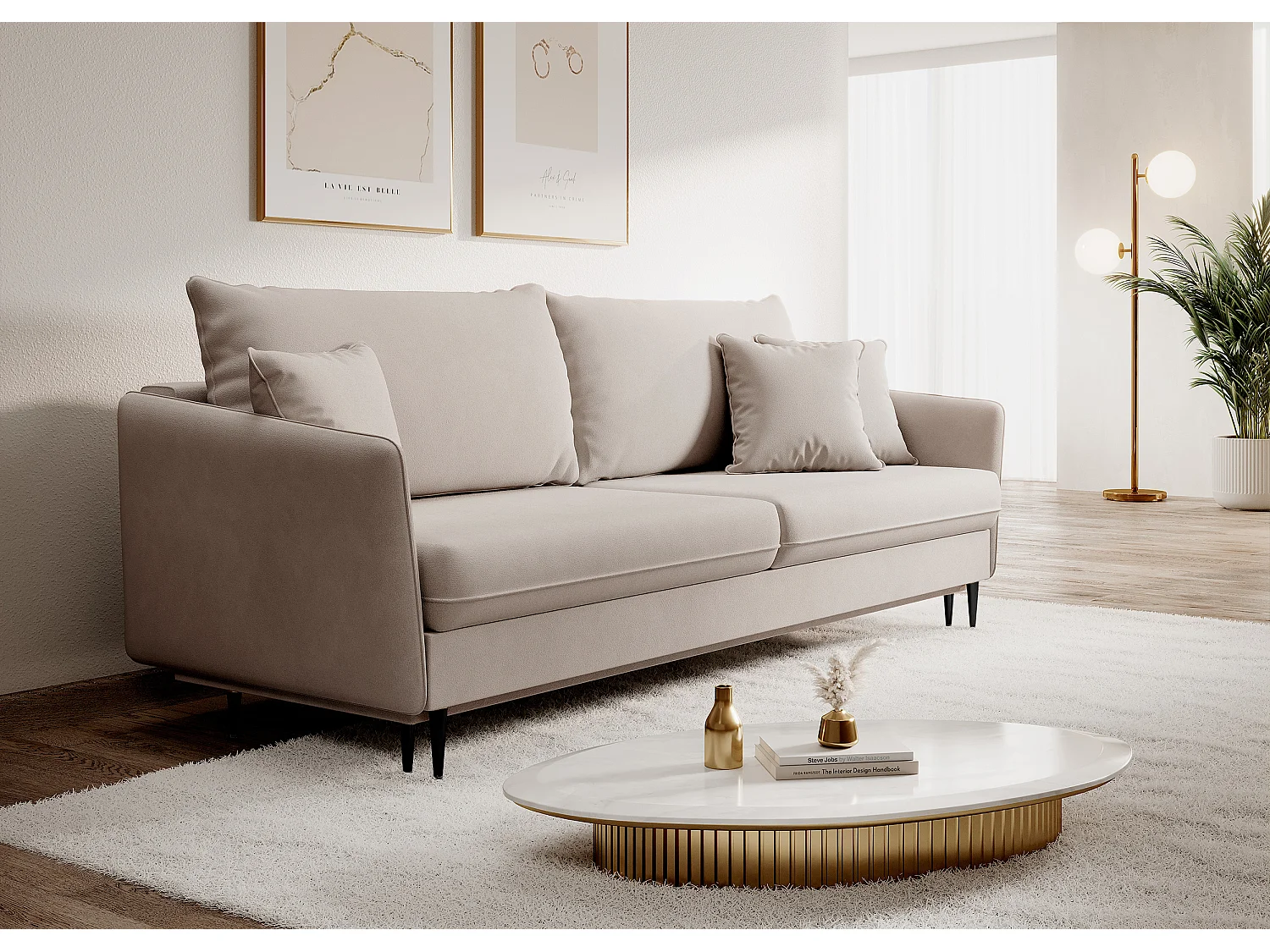 Bank - 221 cm - driezits hydrofoob fluweel - beige - zwarte poten - VOLIO