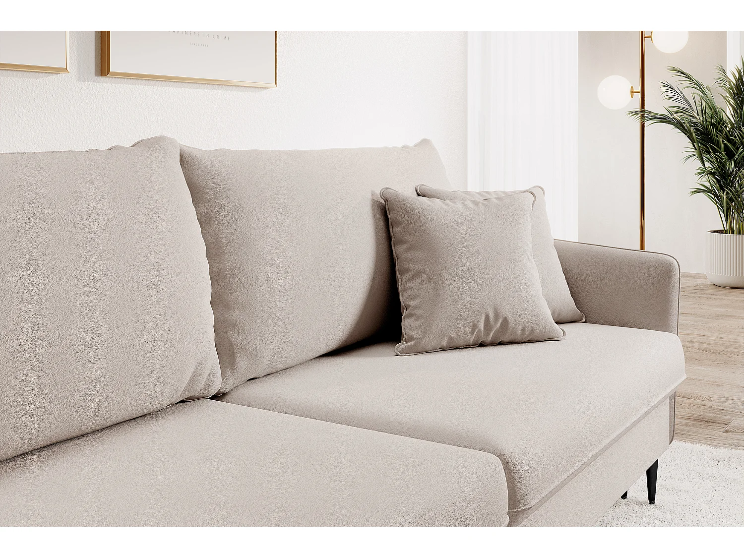 Bank - 221 cm - driezits hydrofoob fluweel - beige - zwarte poten - VOLIO