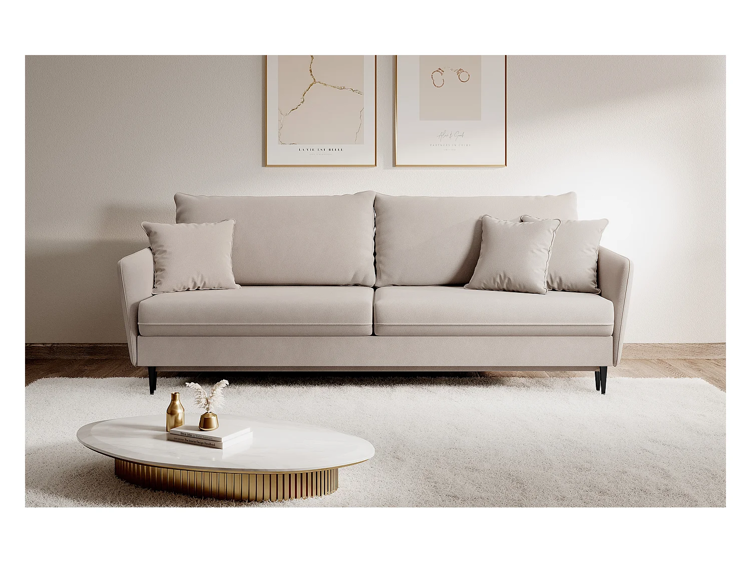 Canapé - 221 cm - trois places velours hydrophobe - beige - pieds noirs - VOLIO