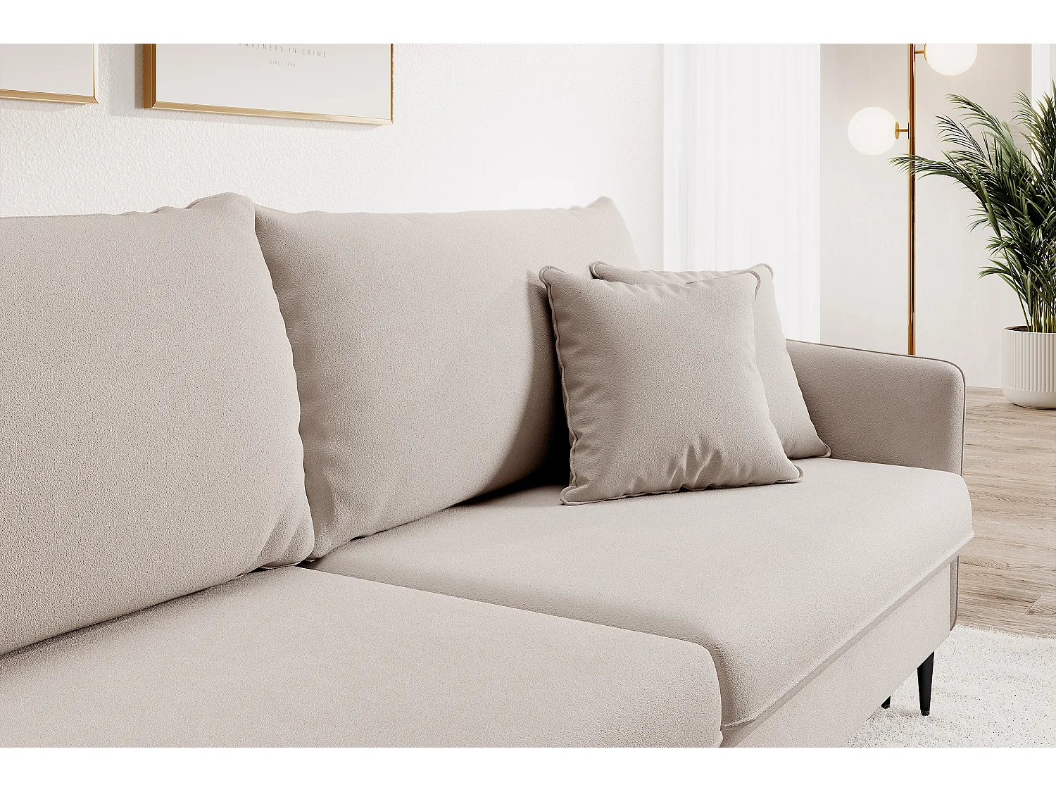 Canapé - 221 cm - trois places velours hydrophobe - beige - pieds noirs - VOLIO