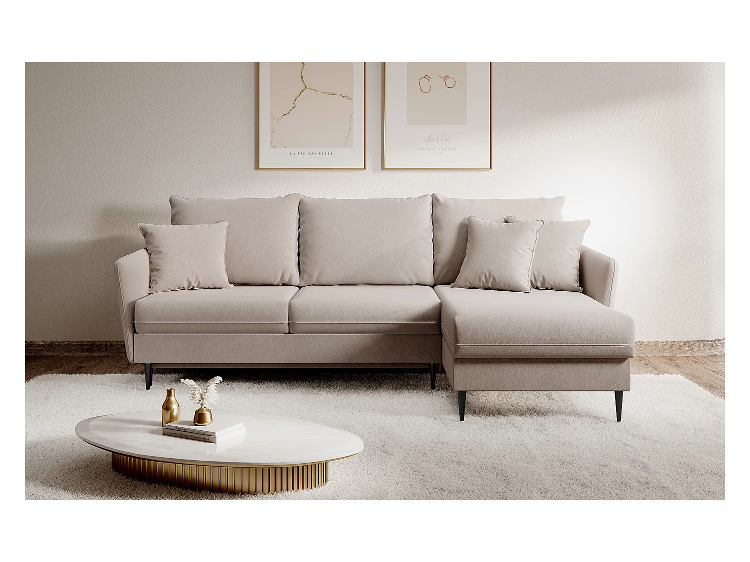 Canapé d'angle - 223 cm - avec fonction couchage - velours hydrophobe - beige - pieds noirs - VOLIO