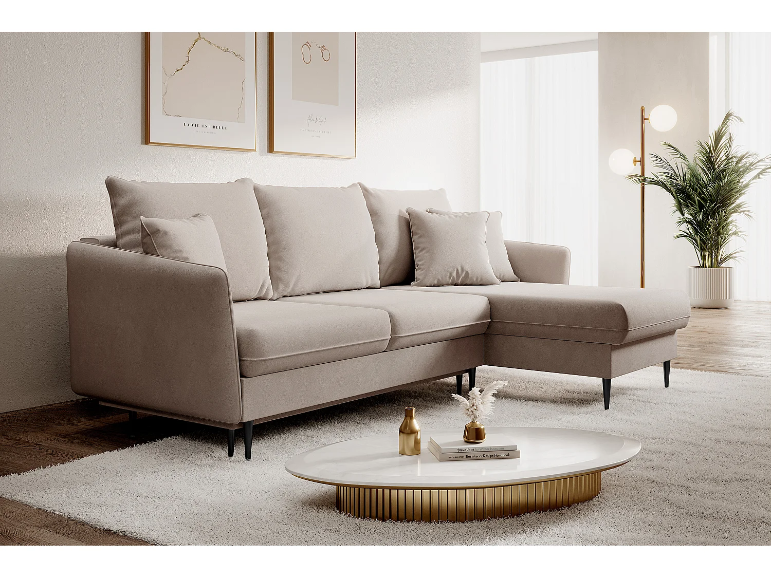 Canapé d'angle - 223 cm - avec fonction couchage - velours hydrophobe - beige - pieds noirs - VOLIO