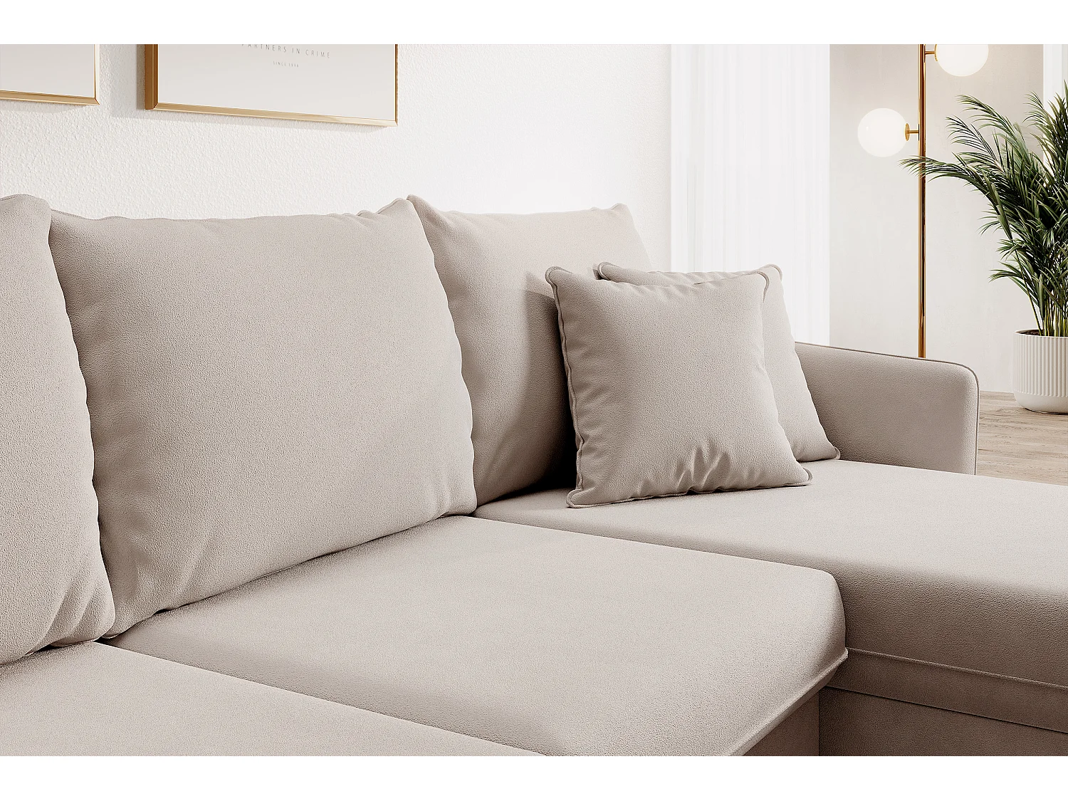 Hoekbank - 223 cm - met slaapfunctie - hydrofoob fluweel - beige - zwarte poten - VOLIO