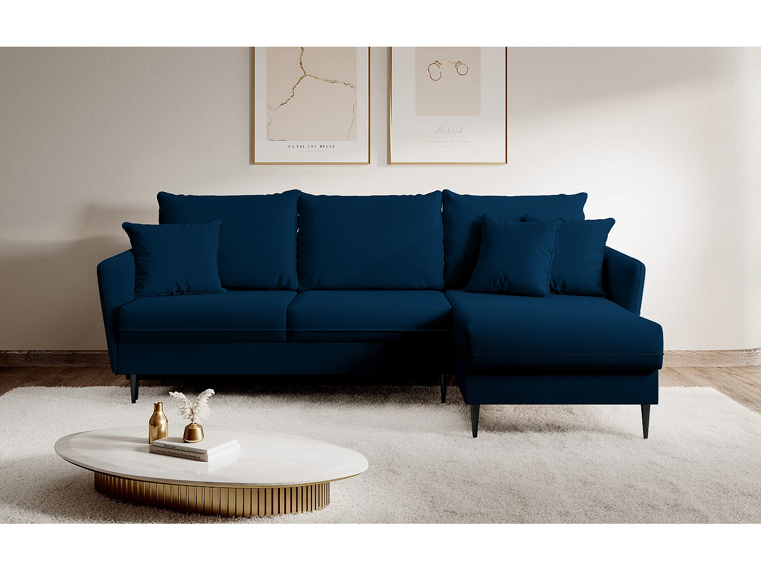 Canapé d'angle - 223 cm - avec fonction couchage - velours hydrophobe - bleu marin - pieds noirs - VOLIO