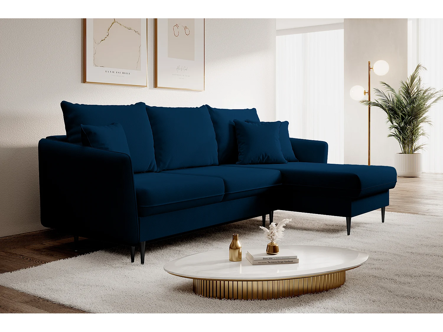 Canapé d'angle - 223 cm - avec fonction couchage - velours hydrophobe - bleu marin - pieds noirs - VOLIO
