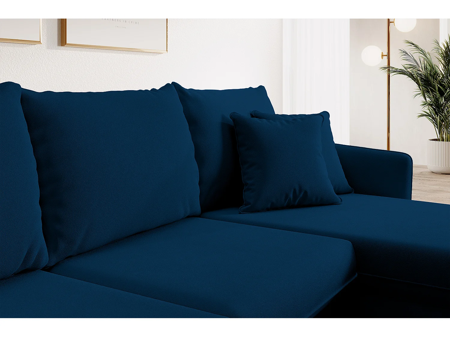 Canapé d'angle - 223 cm - avec fonction couchage - velours hydrophobe - bleu marin - pieds noirs - VOLIO