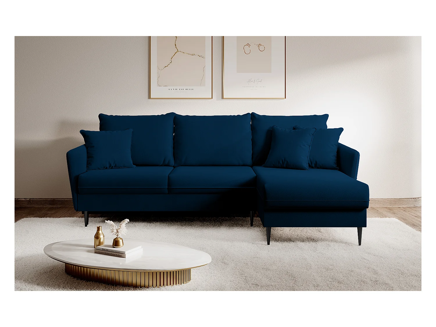 Hoekbank - 223 cm - met slaapfunctie - hydrofoob fluweel - marineblauw - zwarte poten - VOLIO