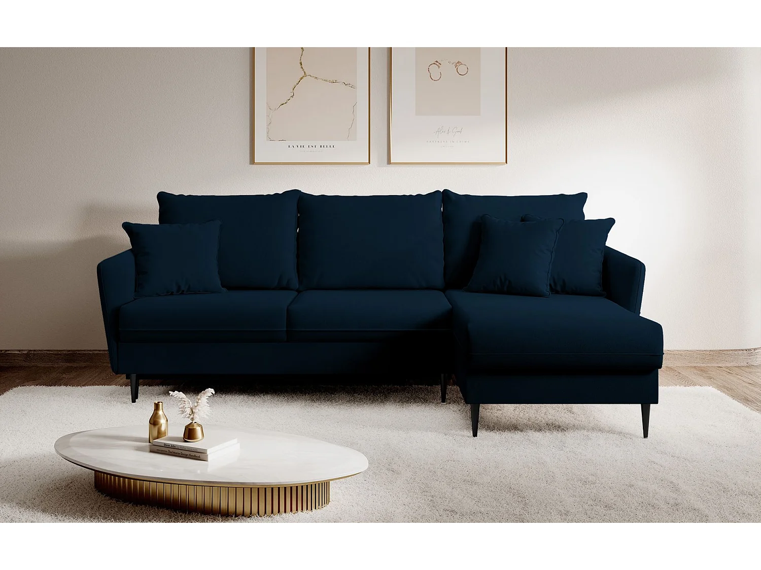 Canapé d'angle - 223 cm - avec fonction couchage - velours hydrophobe - bleu marin - pieds noirs - VOLIO
