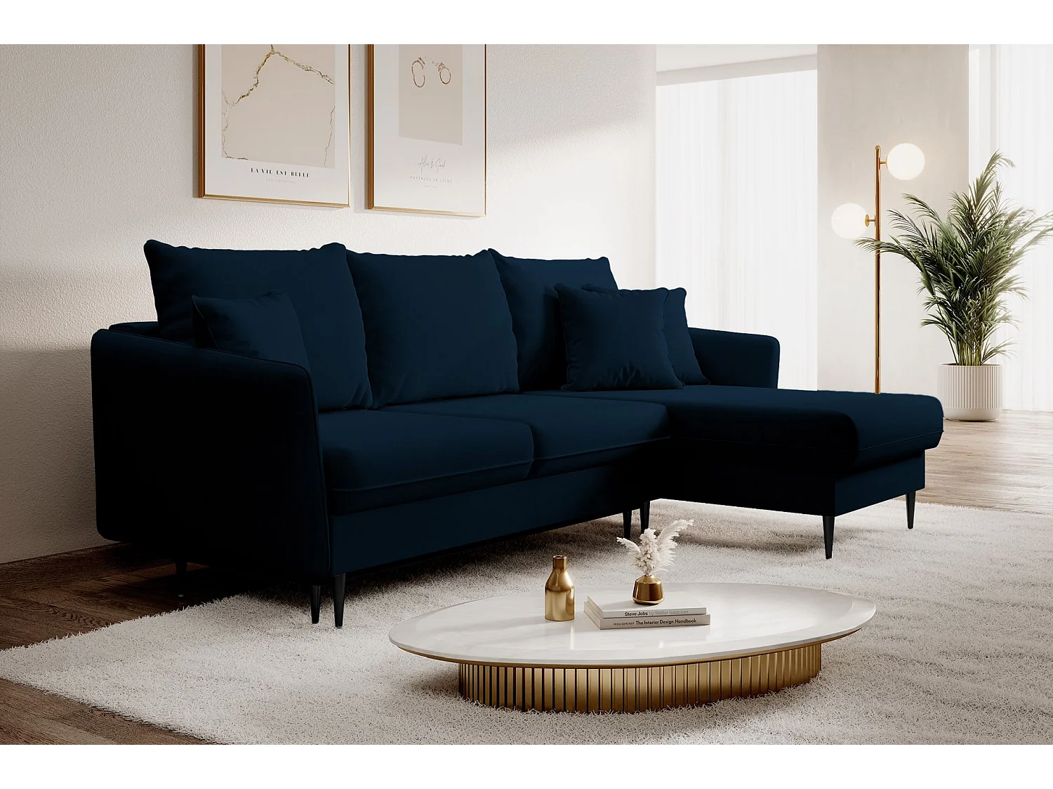 Canapé d'angle - 223 cm - avec fonction couchage - velours hydrophobe - bleu marin - pieds noirs - VOLIO