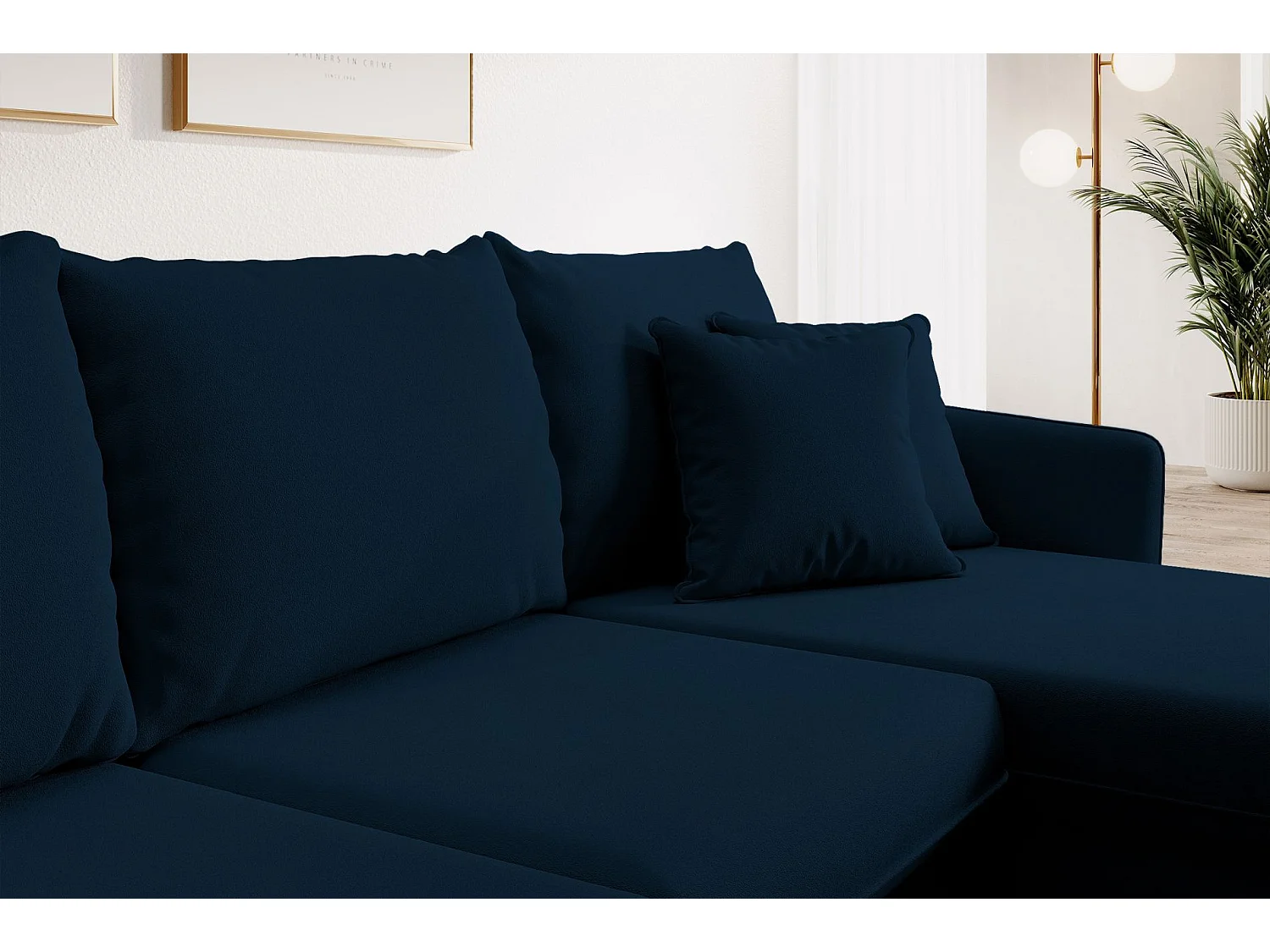 Canapé d'angle - 223 cm - avec fonction couchage - velours hydrophobe - bleu marin - pieds noirs - VOLIO