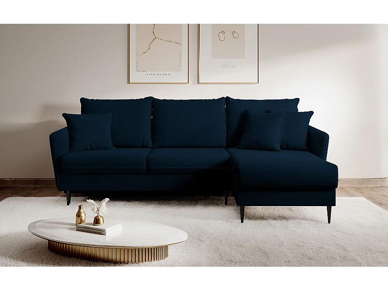 Canapé d'angle - 223 cm - avec fonction couchage - velours hydrophobe - bleu marin - pieds noirs - VOLIO