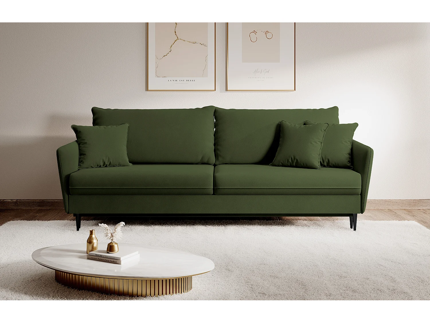 Sofa - 221 cm - Dreisitzer hydrophober Samt - oliv - schwarze Füße - VOLIO