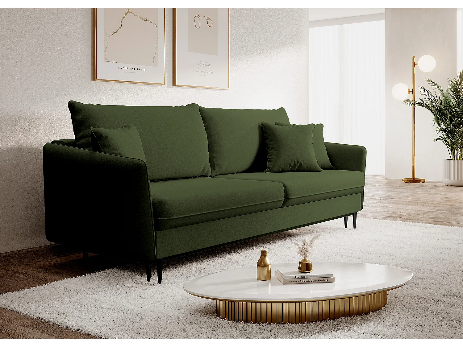 Sofa - 221 cm - Dreisitzer hydrophober Samt - oliv - schwarze Füße - VOLIO