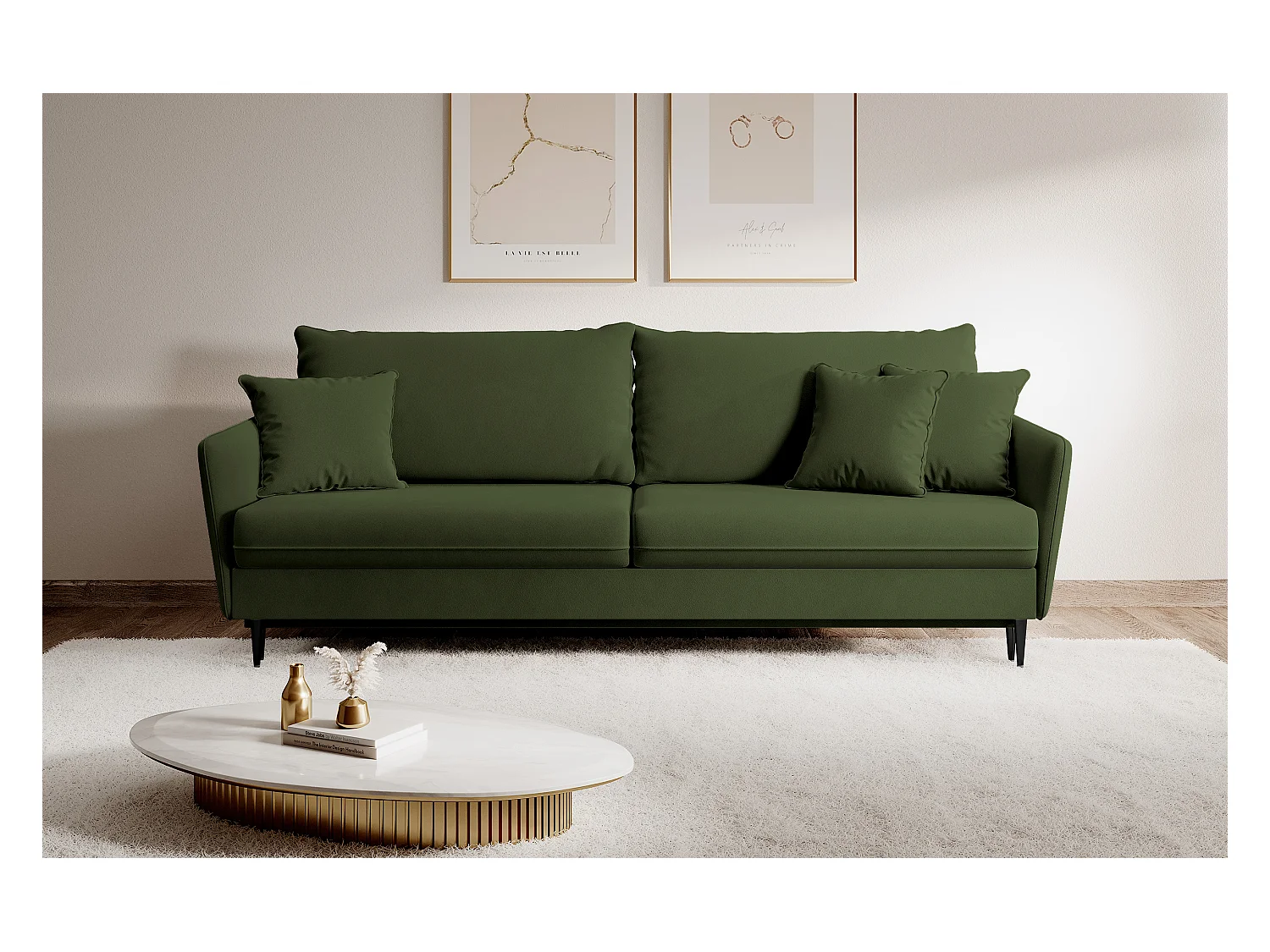 Canapé - 221 cm - trois places velours hydrophobe - olive - pieds noirs - VOLIO