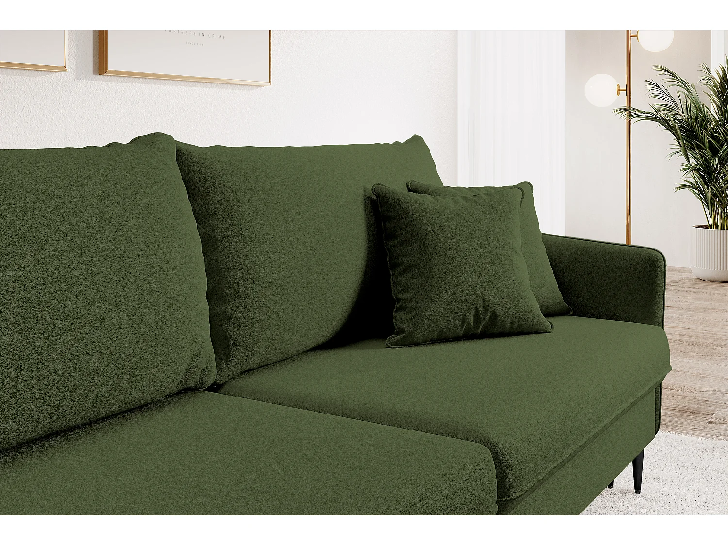 Canapé - 221 cm - trois places velours hydrophobe - olive - pieds noirs - VOLIO