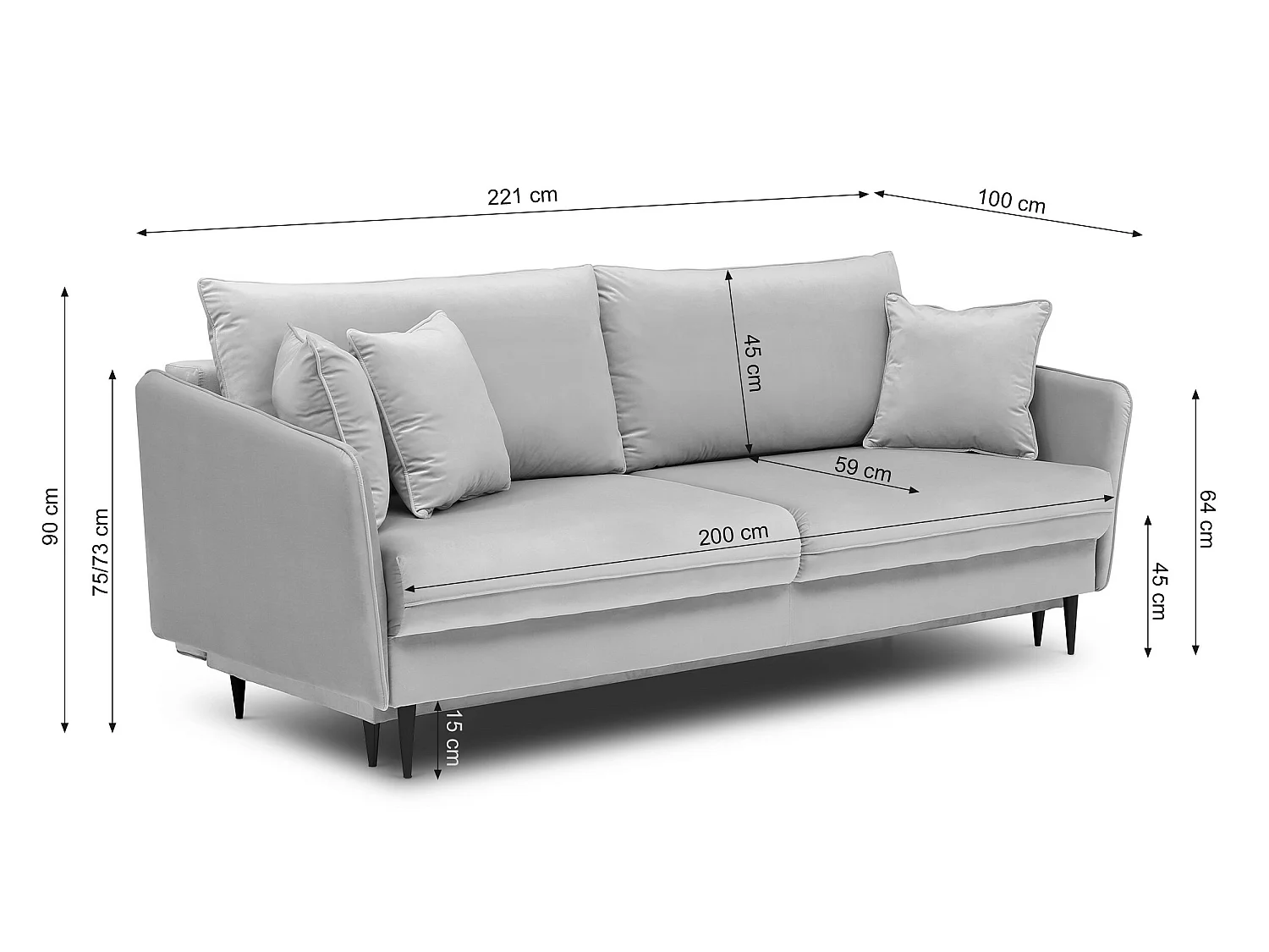 Canapé - 221 cm - trois places velours hydrophobe - olive - pieds noirs - VOLIO