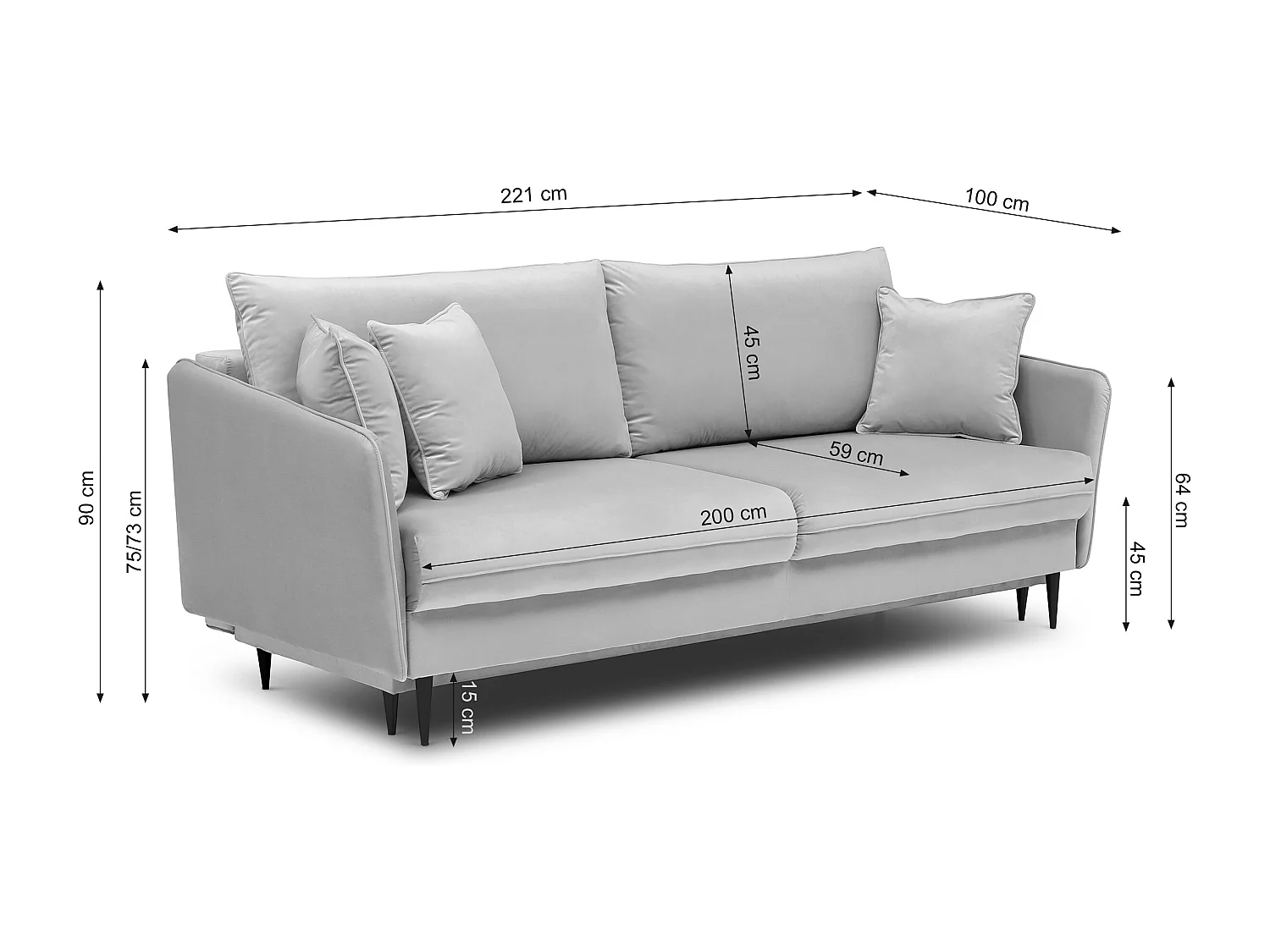 Canapé - 221 cm - trois places velours hydrophobe - olive - pieds noirs - VOLIO