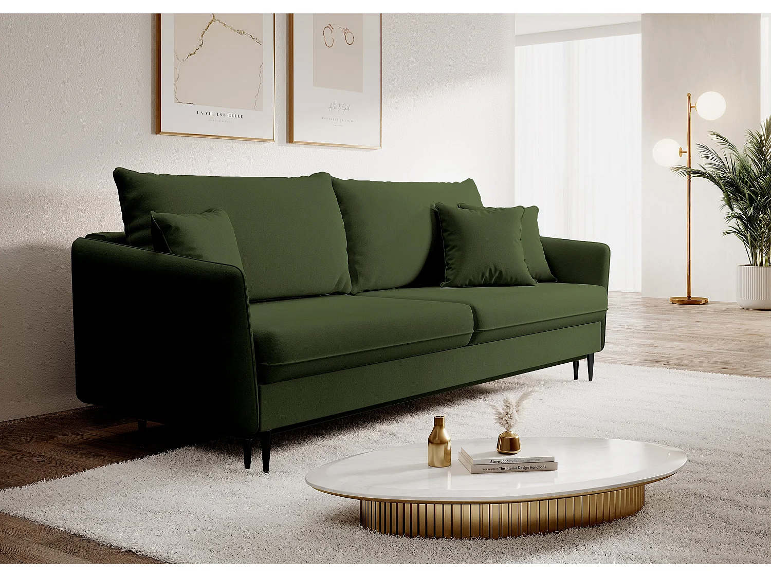 Canapé - 221 cm - trois places velours hydrophobe - olive - pieds noirs - VOLIO