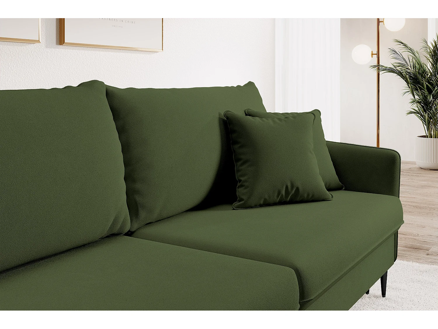 Canapé - 221 cm - trois places velours hydrophobe - olive - pieds noirs - VOLIO