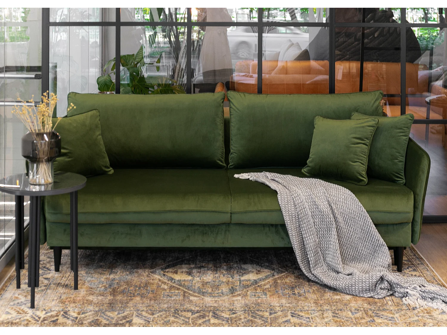 Canapé - 221 cm - trois places velours hydrophobe - olive - pieds noirs - VOLIO