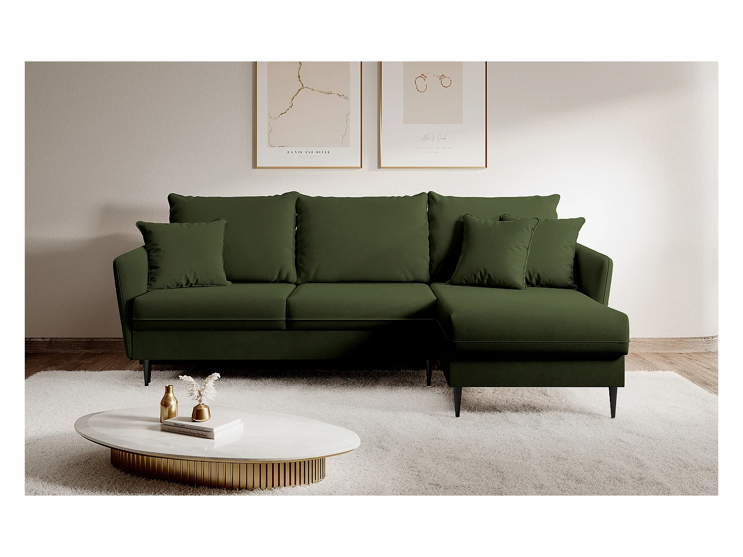 Canapé d'angle - 223 cm - avec fonction couchage - velours hydrophobe - olive - pieds noirs - VOLIO