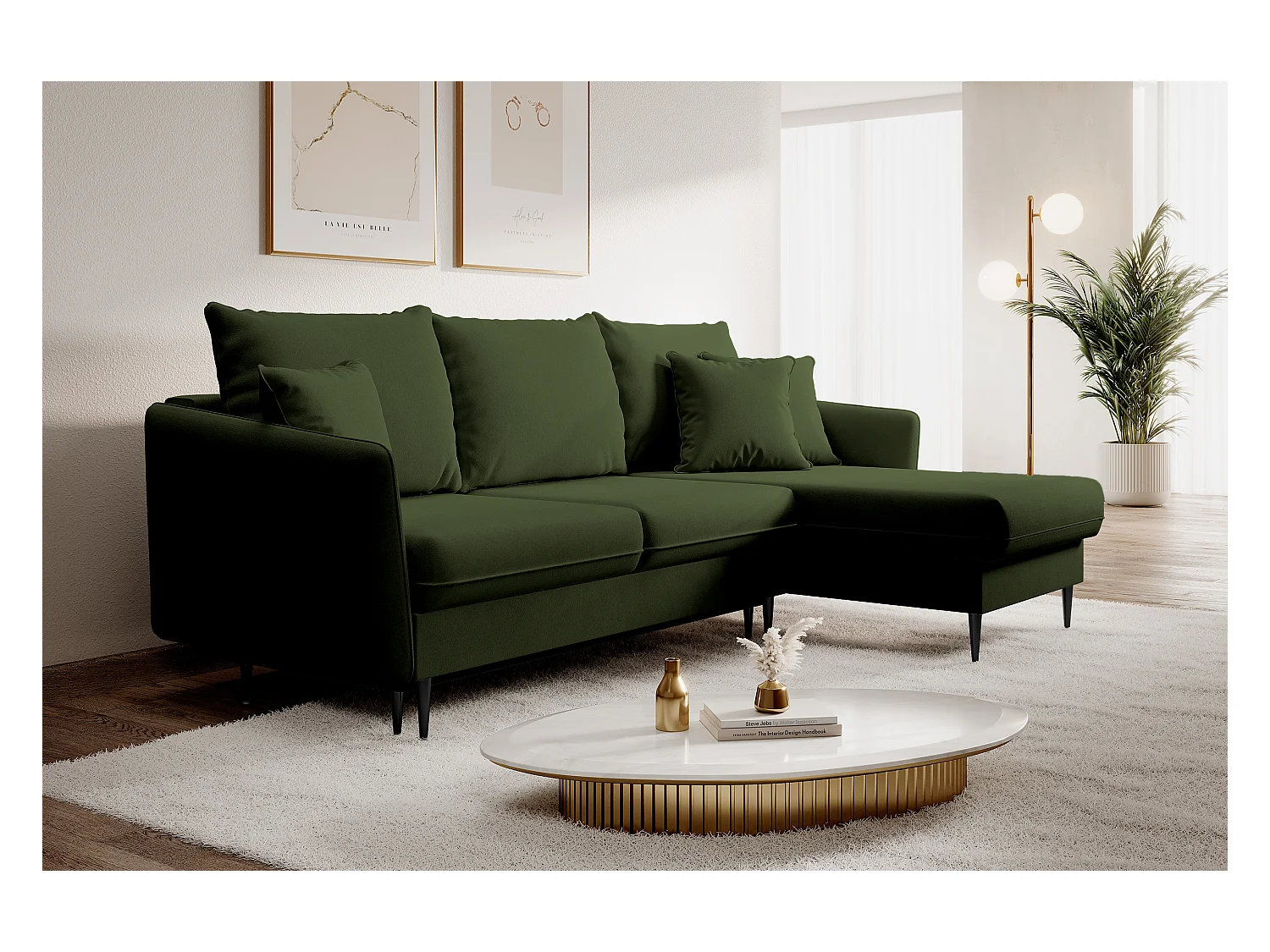 Canapé d'angle - 223 cm - avec fonction couchage - velours hydrophobe - olive - pieds noirs - VOLIO