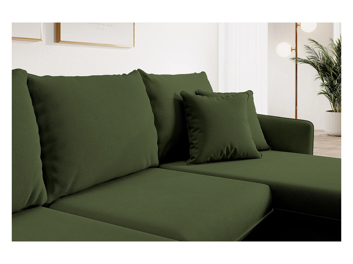 Canapé d'angle - 223 cm - avec fonction couchage - velours hydrophobe - olive - pieds noirs - VOLIO
