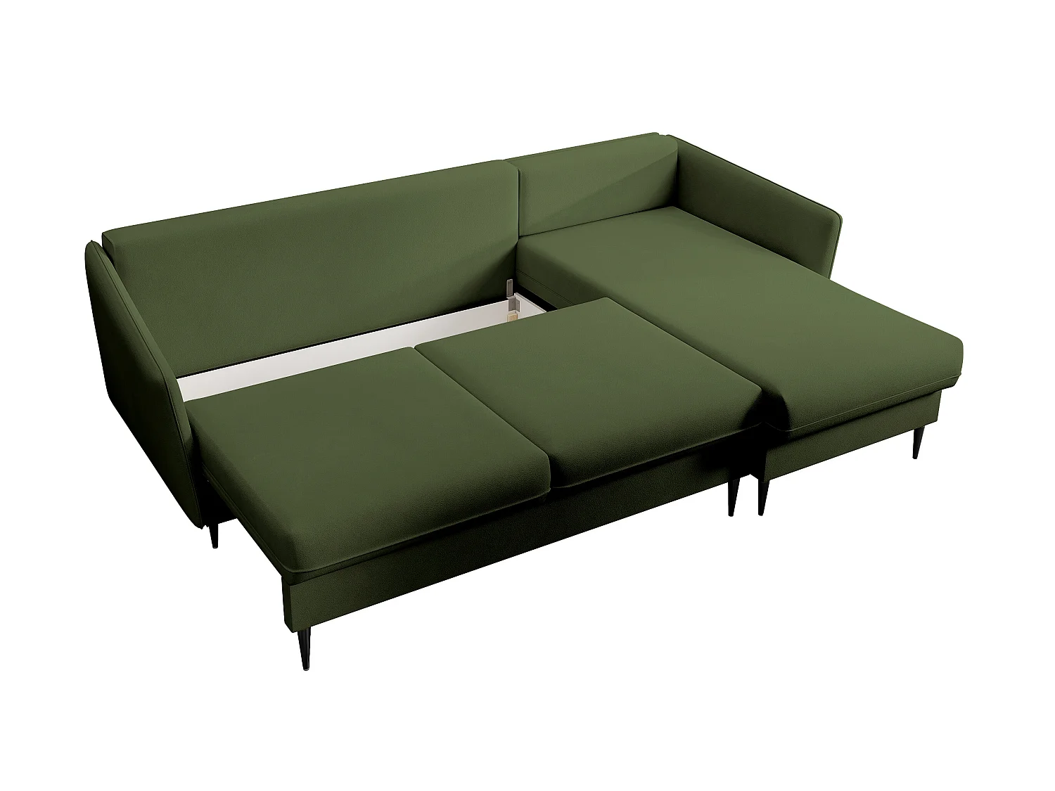Canapé d'angle - 223 cm - avec fonction couchage - velours hydrophobe - olive - pieds noirs - VOLIO