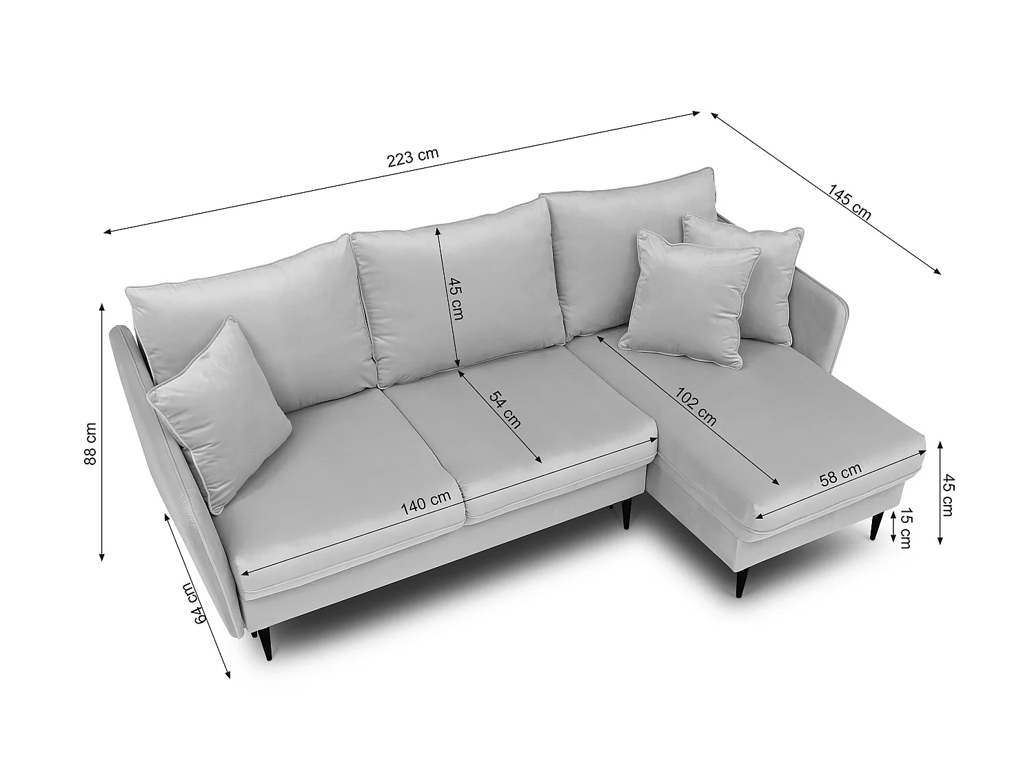 Canapé d'angle - 223 cm - avec fonction couchage - velours hydrophobe - olive - pieds noirs - VOLIO