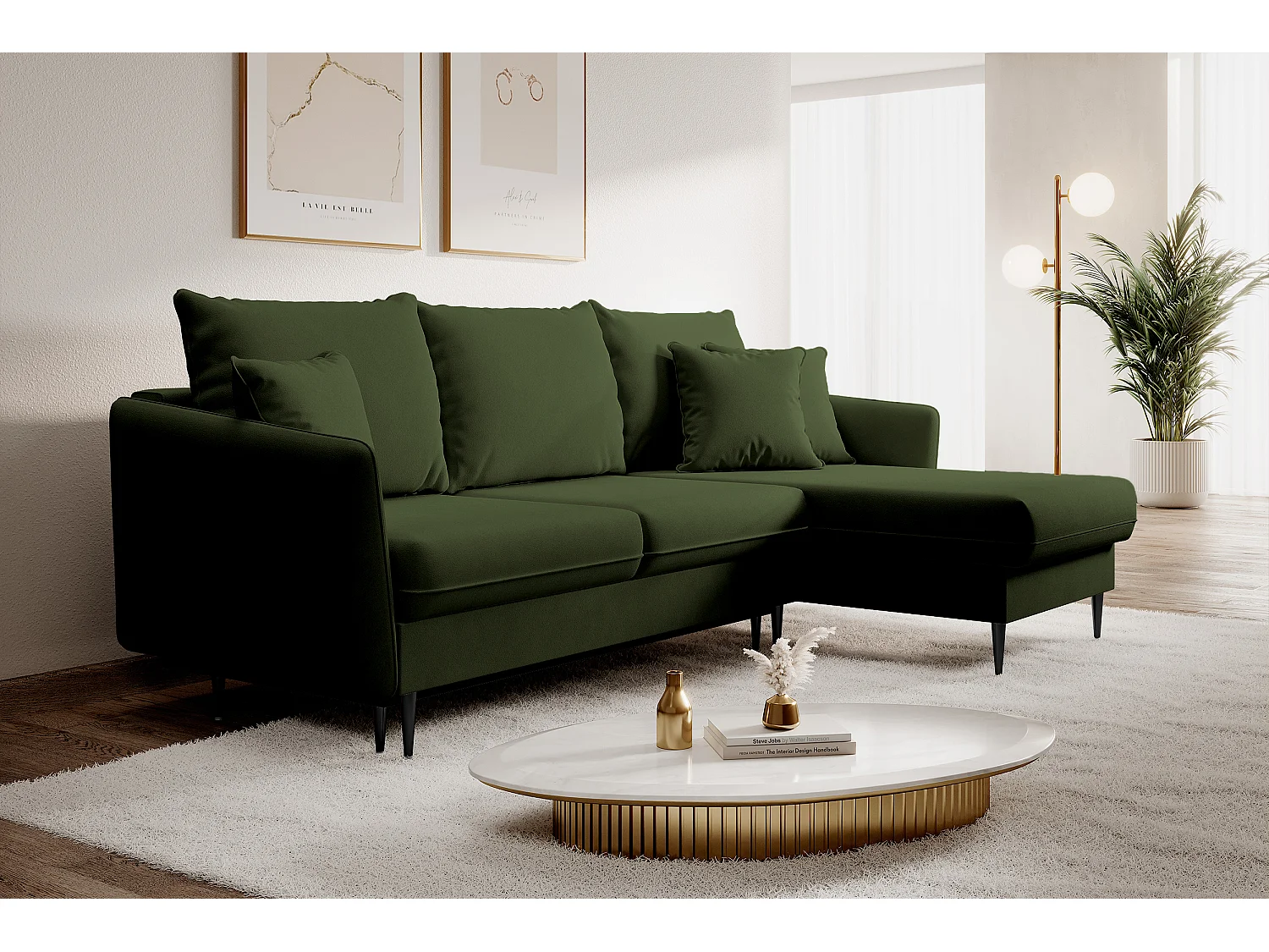 Canapé d'angle - 223 cm - avec fonction couchage - velours hydrophobe - olive - pieds noirs - VOLIO