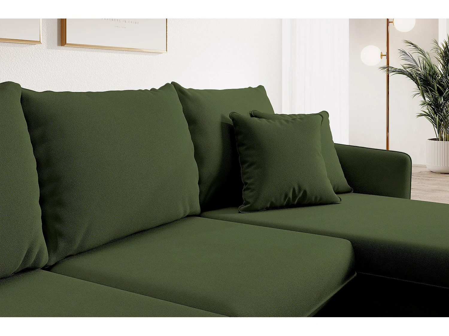 Canapé d'angle - 223 cm - avec fonction couchage - velours hydrophobe - olive - pieds noirs - VOLIO