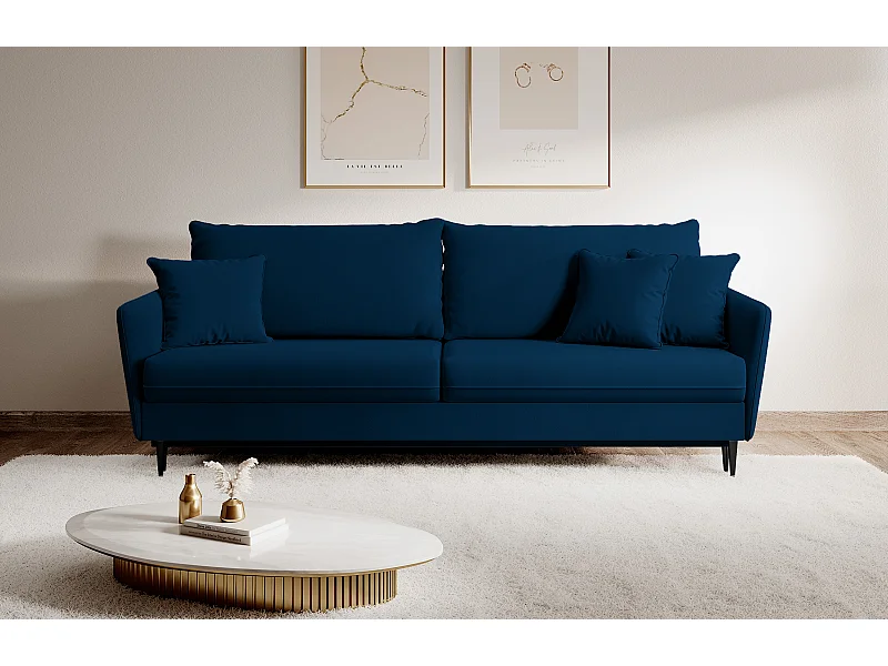 Bank - 221 cm - driezits hydrofoob fluweel - marineblauw - zwarte poten - VOLIO