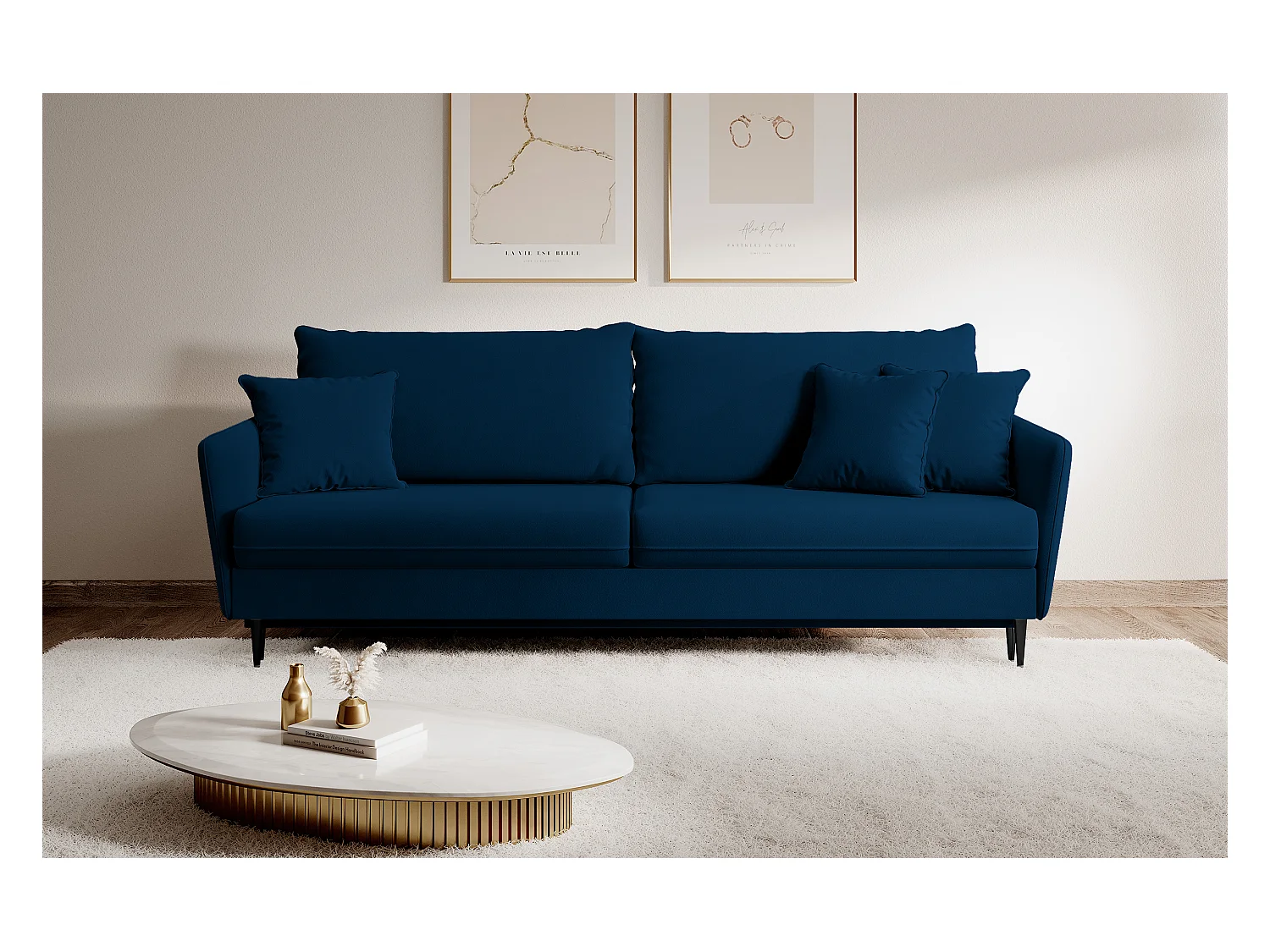 Canapé - 221 cm - trois places velours hydrophobe - bleu marin - pieds noirs - VOLIO