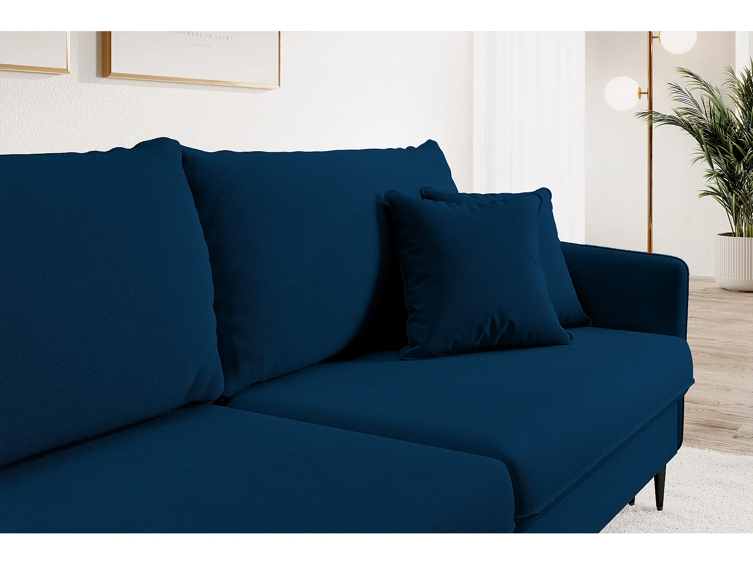 Canapé - 221 cm - trois places velours hydrophobe - bleu marin - pieds noirs - VOLIO