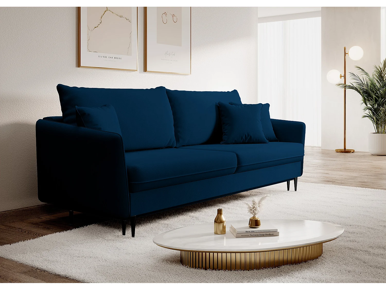 Canapé - 221 cm - trois places velours hydrophobe - bleu marin - pieds noirs - VOLIO