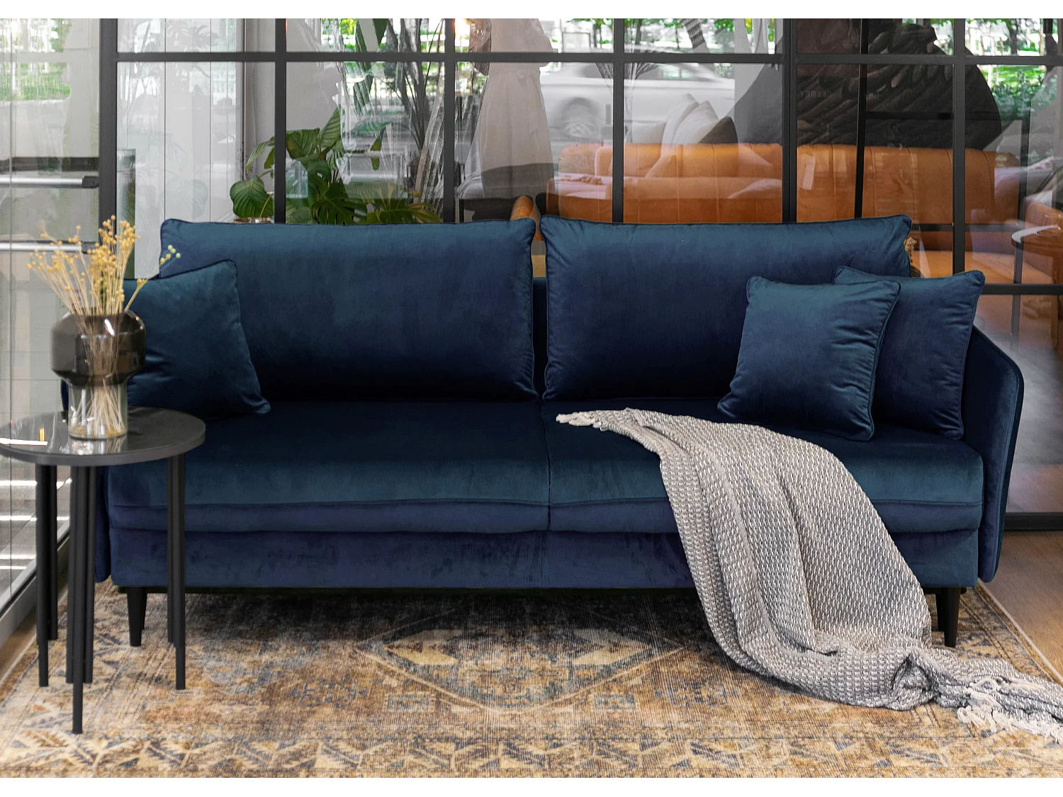 Canapé - 221 cm - trois places velours hydrophobe - bleu marin - pieds noirs - VOLIO