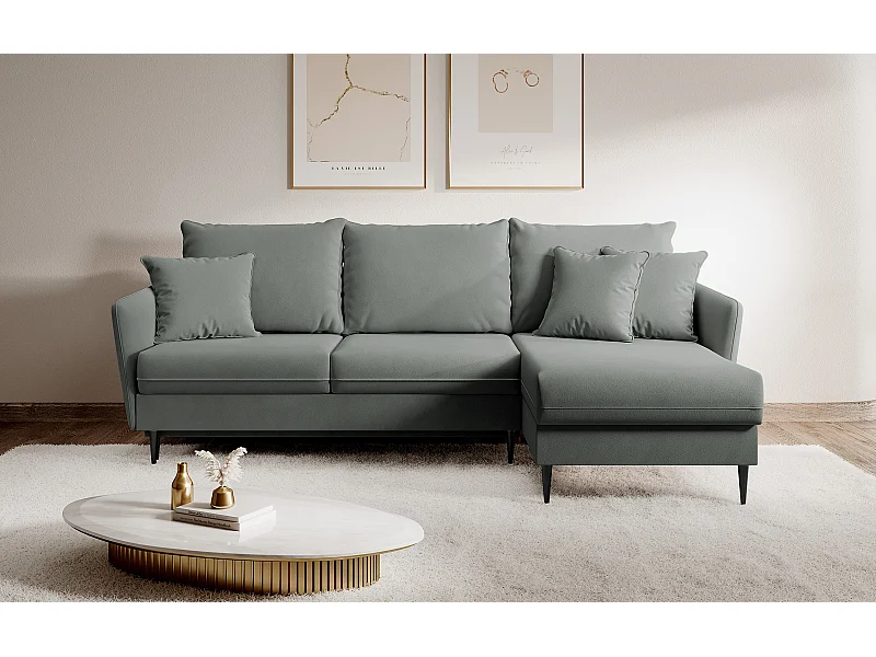 Ecksofa - 223 cm - mit Schlaffunktion - hydrophober Samt - grau - schwarze Füße - VOLIO