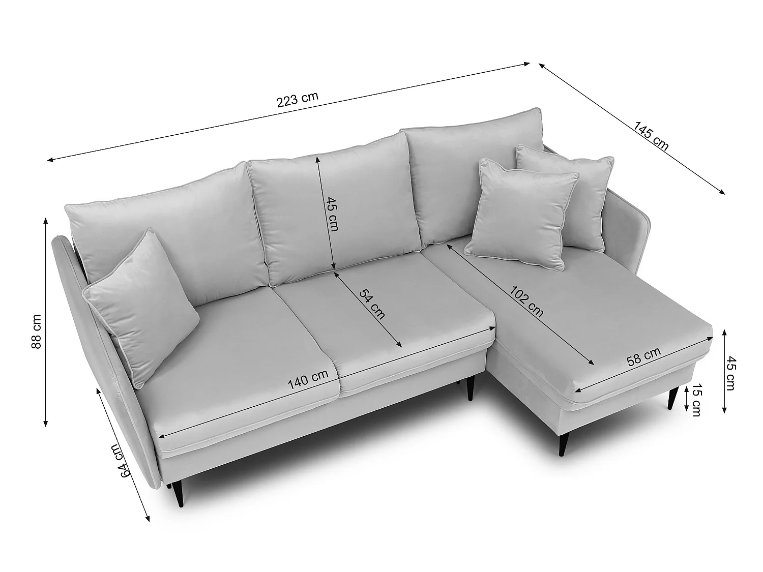 Hoekbank - 223 cm - met slaapfunctie - hydrofoob fluweel - grijs - zwarte poten - VOLIO