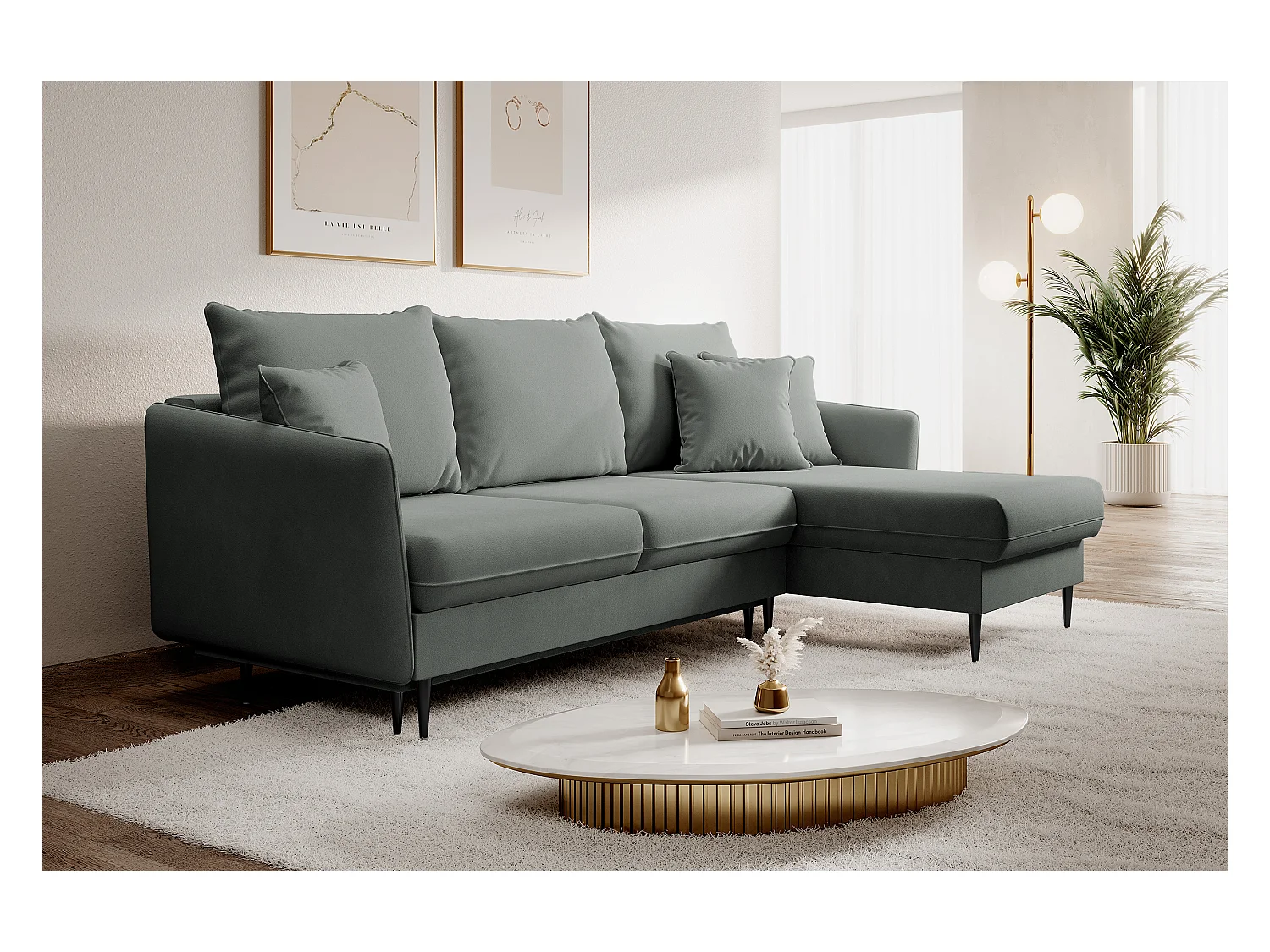 Ecksofa - 223 cm - mit Schlaffunktion - hydrophober Samt - grau - schwarze Füße - VOLIO