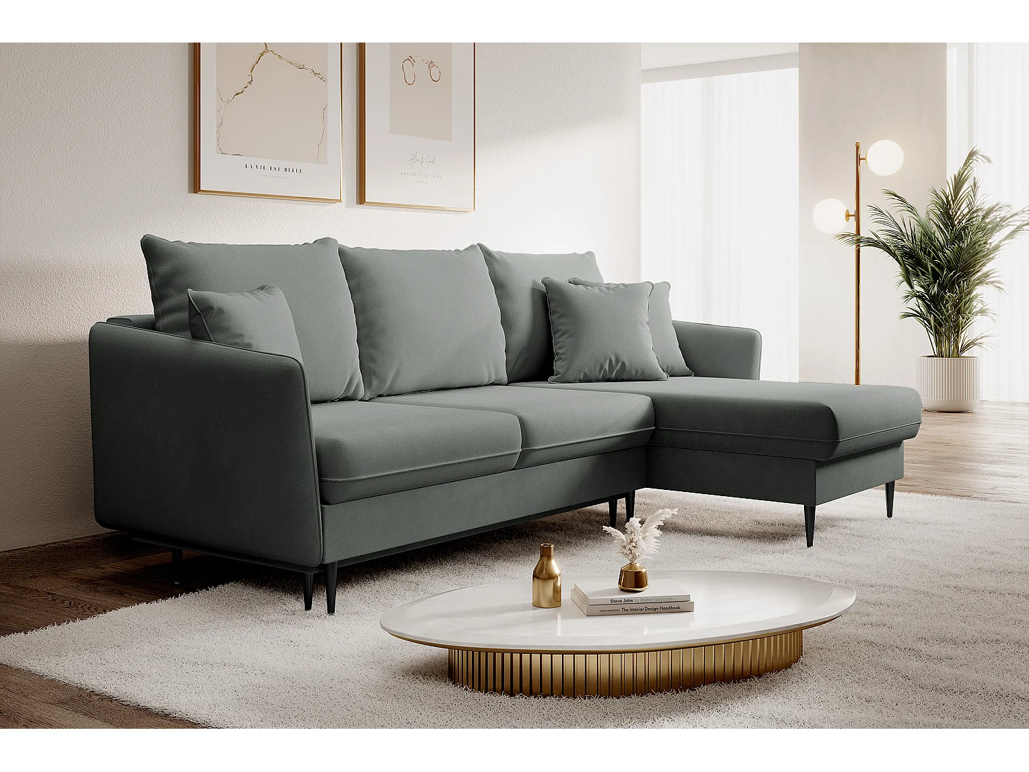 Canapé d'angle - 223 cm - avec fonction couchage - velours hydrophobe - gris - pieds noirs - VOLIO