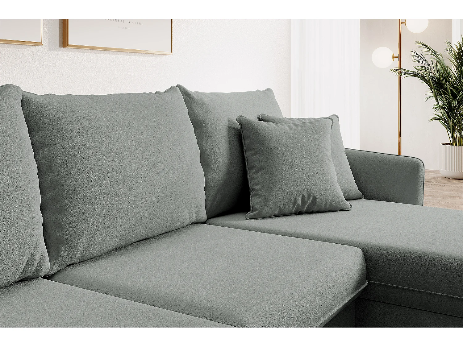 Canapé d'angle - 223 cm - avec fonction couchage - velours hydrophobe - gris - pieds noirs - VOLIO