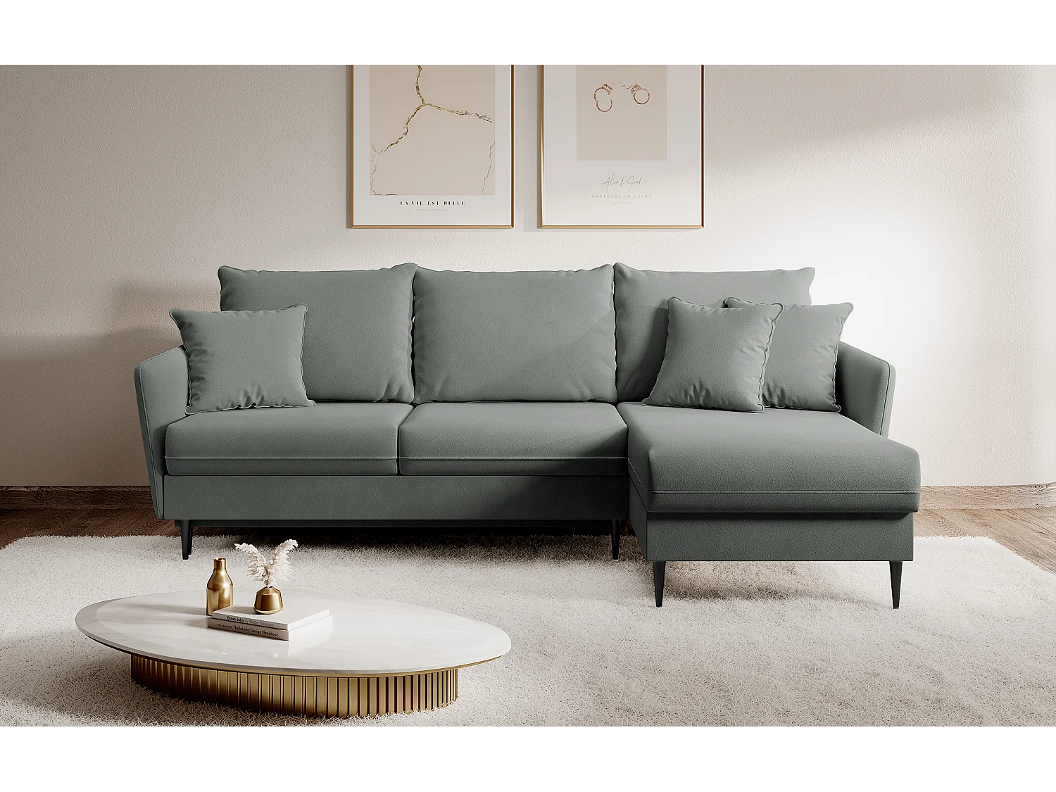 Ecksofa - 223 cm - mit Schlaffunktion - hydrophober Samt - grau - schwarze Füße - VOLIO