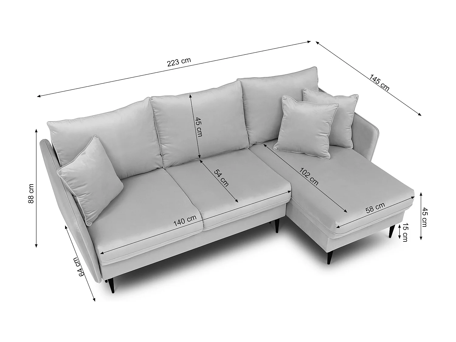 Ecksofa - 223 cm - mit Schlaffunktion - hydrophober Samt - grau - schwarze Füße - VOLIO