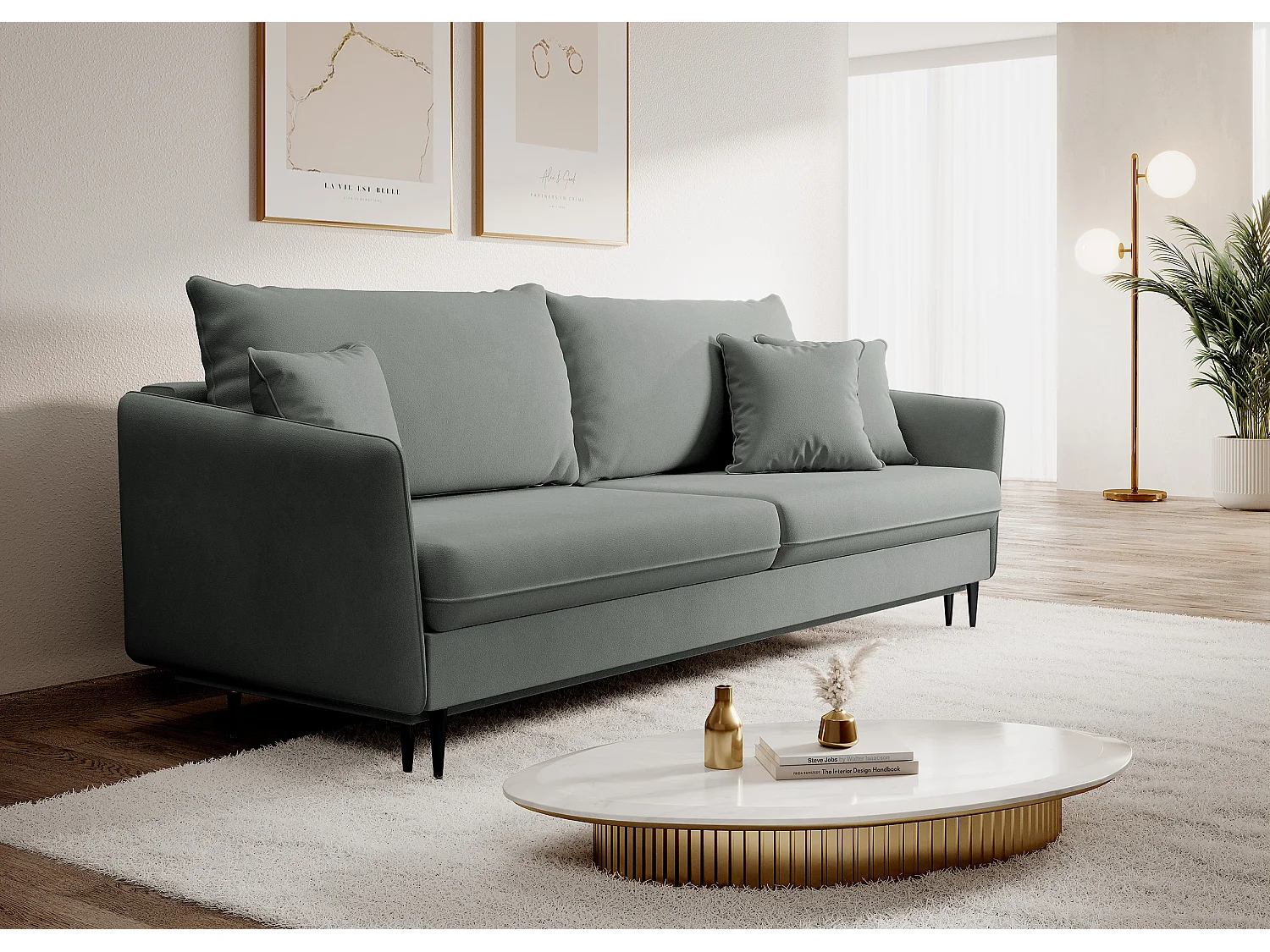 Sofa - 221 cm - Dreisitzer hydrophober Samt - grau - schwarze Füße - VOLIO