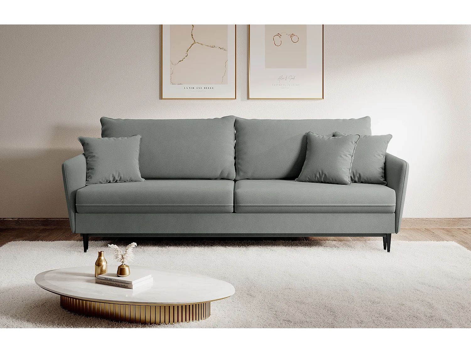 Canapé - 221 cm - trois places velours hydrophobe - gris - pieds noirs - VOLIO